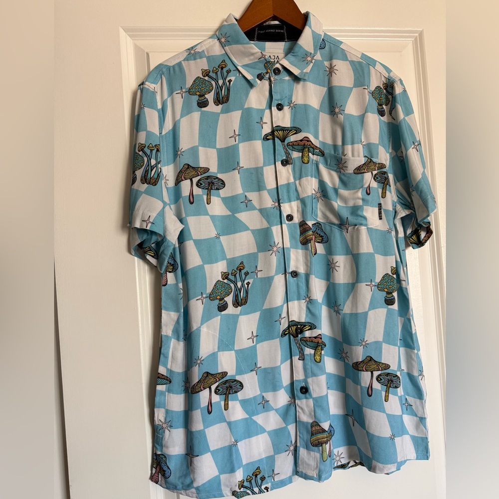 Baja Llama Button Down Shirt - Checkered / Geometric / Mushrooms - Med